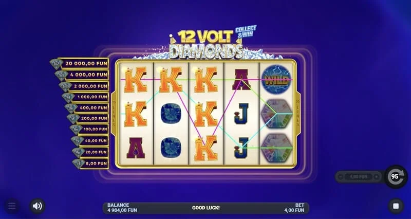 12 Volt Diamonds – hovedspillskjerm med 5x4 rutenett